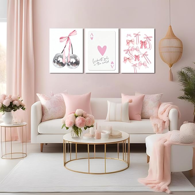 Trendy Pink Bows Wall Art Set of 3 Coquette Preppy Cherry Wall Decor Trendy Disco Ball Canvas Posters Prints Girly Aesthetic for College Apartment Living Room Bedroom Framed 12x16 In