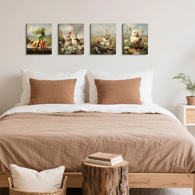 CHDITB Easter Framed Canvas Wall Art Set, Vintage Bunny Rabbit Chick Lamb Artwork, Spring Farmhouse Wall Decor, Easter Eggs Tulip Poster, Country Farm Painting For Living Room Bedroom Decor 8”X10”