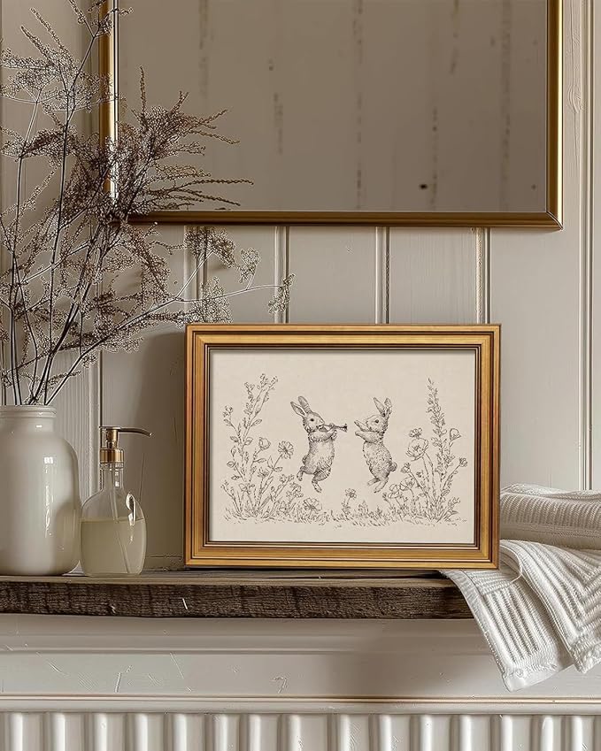 InSimSea Gold Framed Canvas Prints Wall Art, Vintage Nursery Decor, Rabbits Flowers Easter Animal Line Paintings Wall Decor Aesthetic, Neutral Pictures for Bedroom Living Room Shelf, 12x16inch