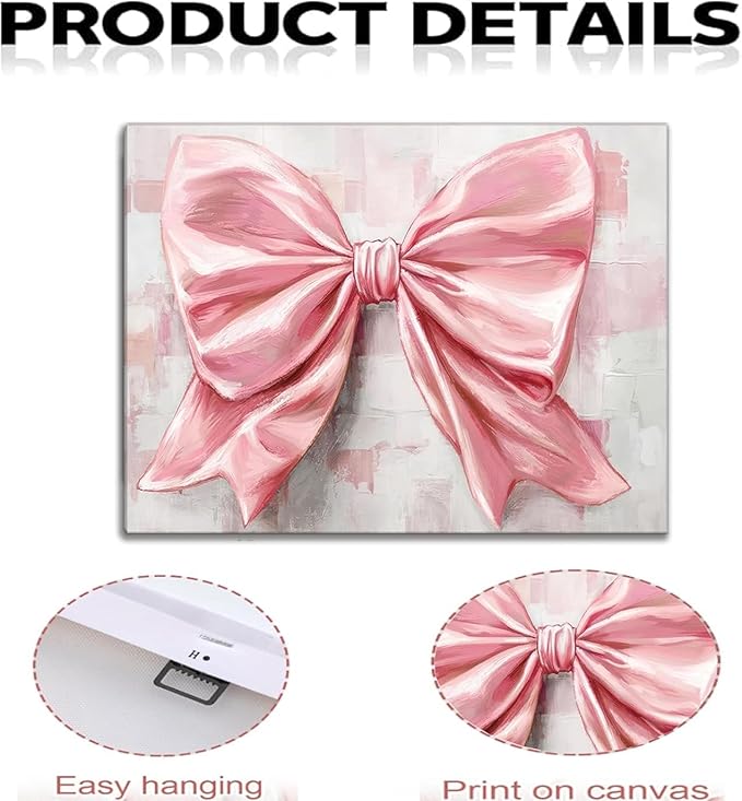 Pink Bow Canvas Wall Art Trendy Cute Preppy Watercolor Bow Painting Pictures Wall Decor Posters Prints Girly Aesthetic for College Apartment Bedroom Decoration