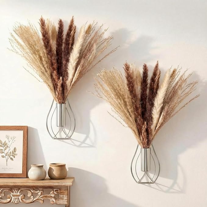 Otoolling Boho Wall Decor Set of 2 – Metal Hanging Wall Art with Faux Pampas,Minimalist Bohemian Accent for Living Room, Bedroom, Entryway(Silver)