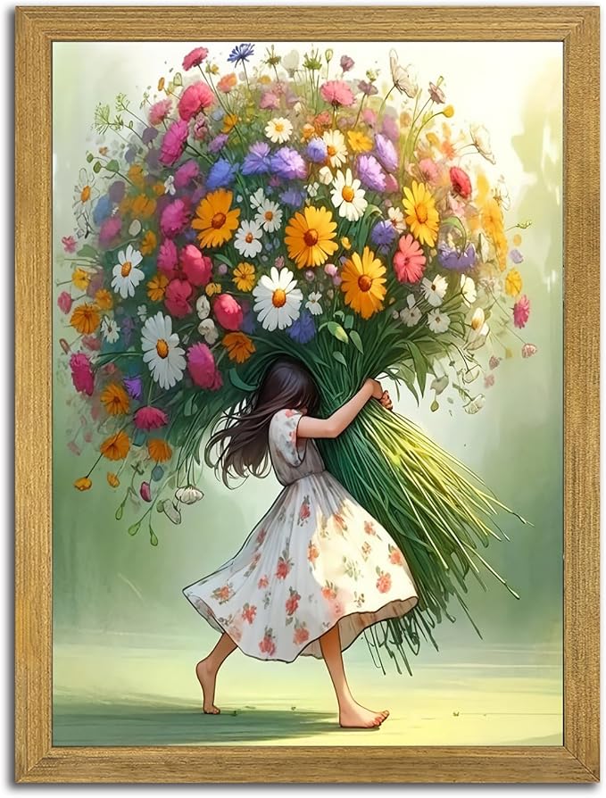 Wood Framed Pink Wildflower Canvas Wall Art, Girl Hugging Flowers Poster Prints Paintings, Teen Girls Preppy Bedroom Decor, Green Room laesthetic Picture for Kids Room Hallway Living Room 12x16 Inch
