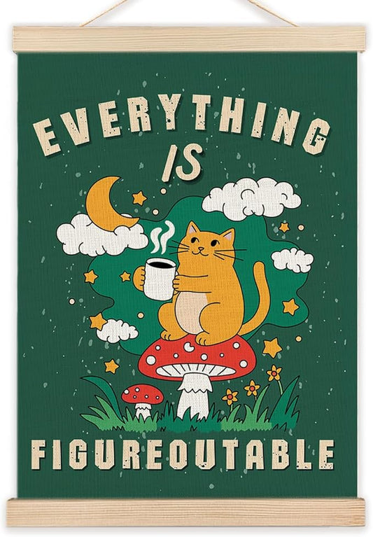LZYRF Everything Is Figureoutable Funny Cat Wall Art Poster Framed, Positive Affirmation Inspirational Quote Canvas Prints Wall Decor for Home Bedroom Living Room Office, 12x16 Inch