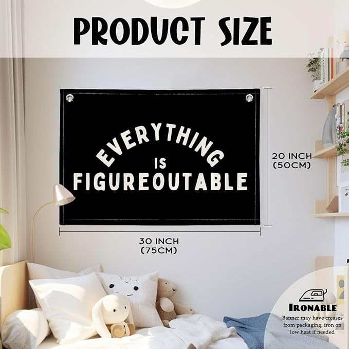 Everything is Figureoutable Inspirational Wall Decor, Motivational Classroom Wall Decor, Classroom Linen Canvas Banner Hanging Flag, 20x30 Inch - Black