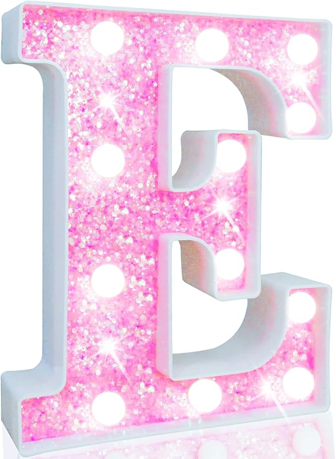 Pooqla LED Marquee Letter Lights, Light Up Letters Glitter Letter Sign Girls Gift, Battery Powered Night Light Pink Birthday Party Room Wedding Christmas Girls Bedroom Dorm Decoration, Cool White E