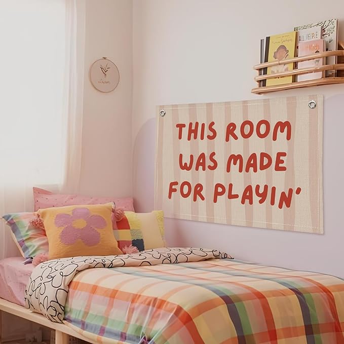 Playroom Decor Wall Banner "This Room Was Made For Playin'" 20x30 Inch - Nursery Canvas Art, Kids Bedroom Hanging, Linen Toddler Play Area Sign, Children's Canvas Flag Decor