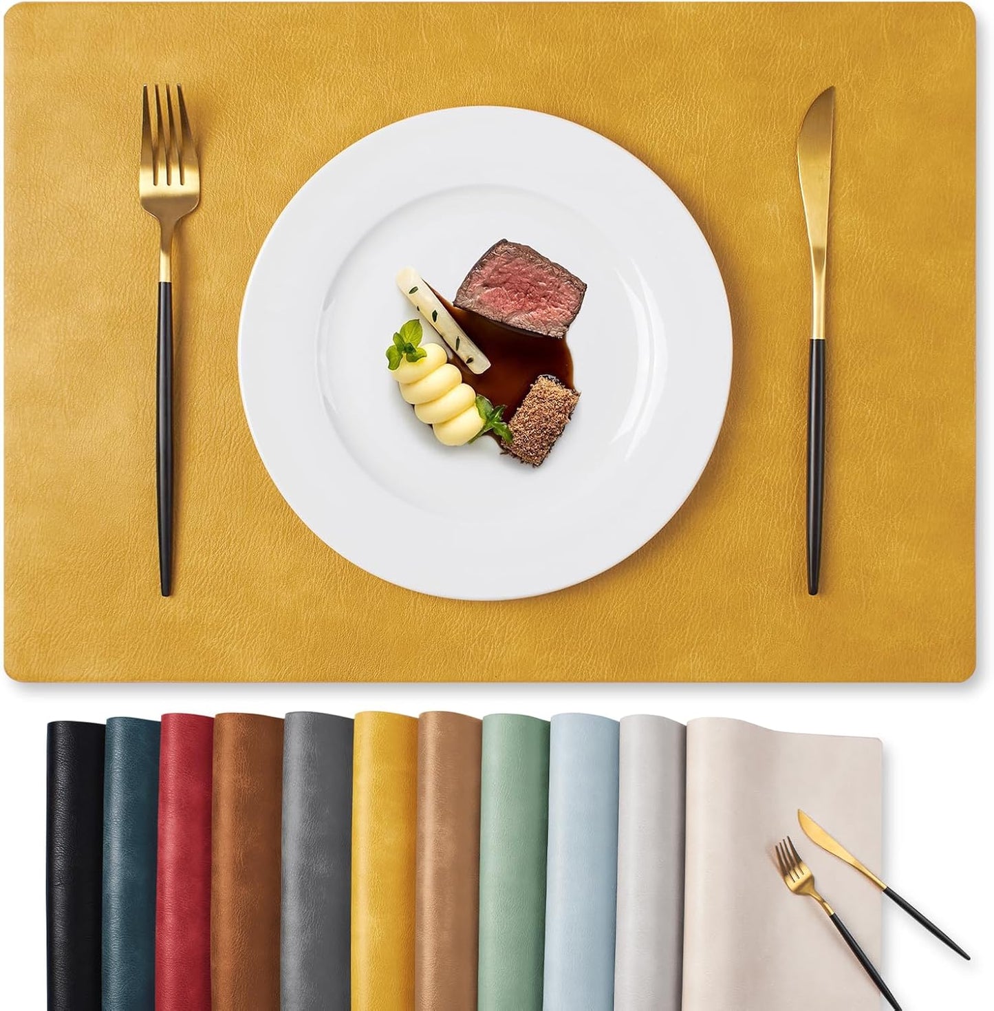 MOSAYT Vinyl Placemats Set of 12-12 X 17 Inch - Faux Leather 100% Waterproof Oil-Proof Wipeable PU Place Mats, Heat Resistant Reversible Table Mats for Kitchen, Dining, Outdoor (Yellow)