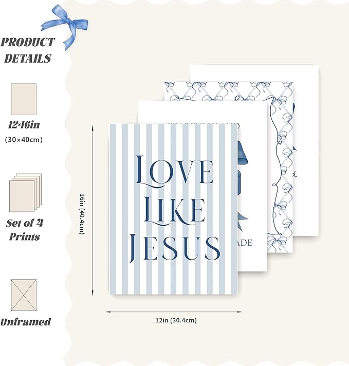 LARTSFRO Coquette Navy Blue Bow Jesus Wall Art Decor Posters, Blue Bow Christian Room Bedroom Bathroom Wall Art Decor Aesthetic for Teen Girls College Gifts, Inspirational Bible Verses Bow Wall Decor, 12x16 Inch Set of 4 Bow Pictures(UNFRAMED)