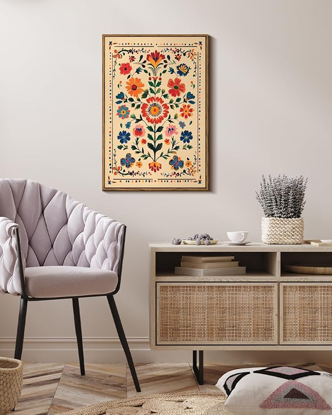 Vintage Floral Framed Canvas Wall Art 16x24 Colorful Flower Painting, Tropical Botanical Nature Boho Bright Vibrant Floral Print, Mexican Traditional Latin Bedroom Home Office Décor