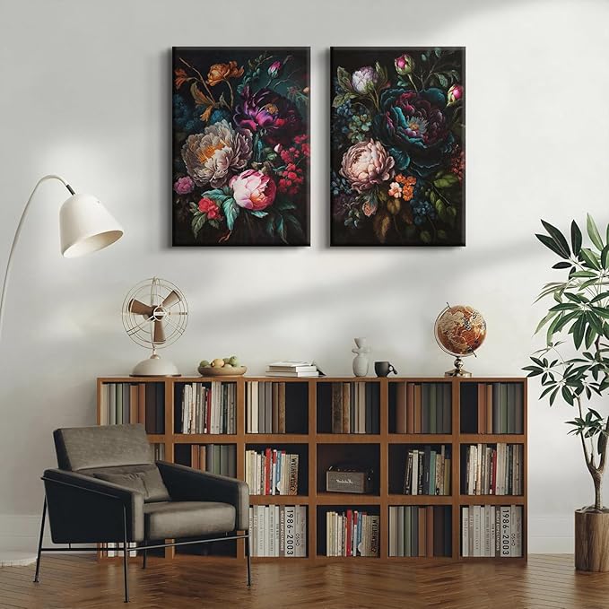BRPXJRA 2 Pcs Moody Floral Wall Art Dark Flower Wall Decor Painting Vintage Baroque Peony Canvas Prints Botanical Still Life Pictures for Living Room Bedroom Bathroom 12x16 In Ready to Hang