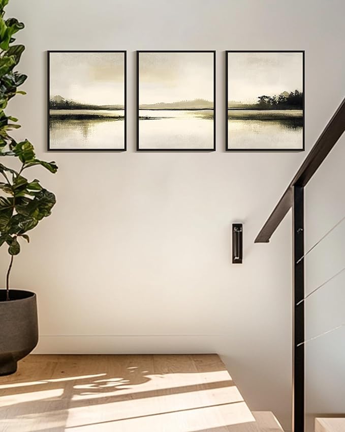 Drsoum Vintage Black Gray Abstract Laker Landscape Wall Art Framed Brown Tan Neutral Prints Minimalist Modern Rustic Artwork Bedroom Living Room Ready to Hang 11x14in Black Framed