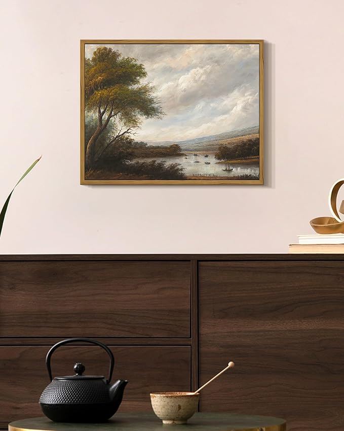 SHENIFY Vintage Landscape Framed Wall Art Riverside Scenery Farmhouse Decor Retro Boat Travel Painting for Kitchen Living Room Bedroom Bathroom - 11x14in Natural Framed
