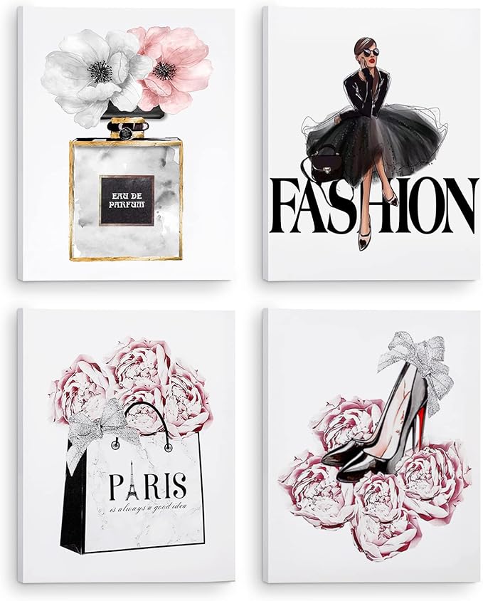 CoziTech Fashion Women Canvas Wall Art Framed, Modern Artwork for Girls Bedroom Wall Décor Pink Flowers Perfume Art Print Handbag High Heel Wall Picture, Gift for woman, Gift for Girls. Set of 4.