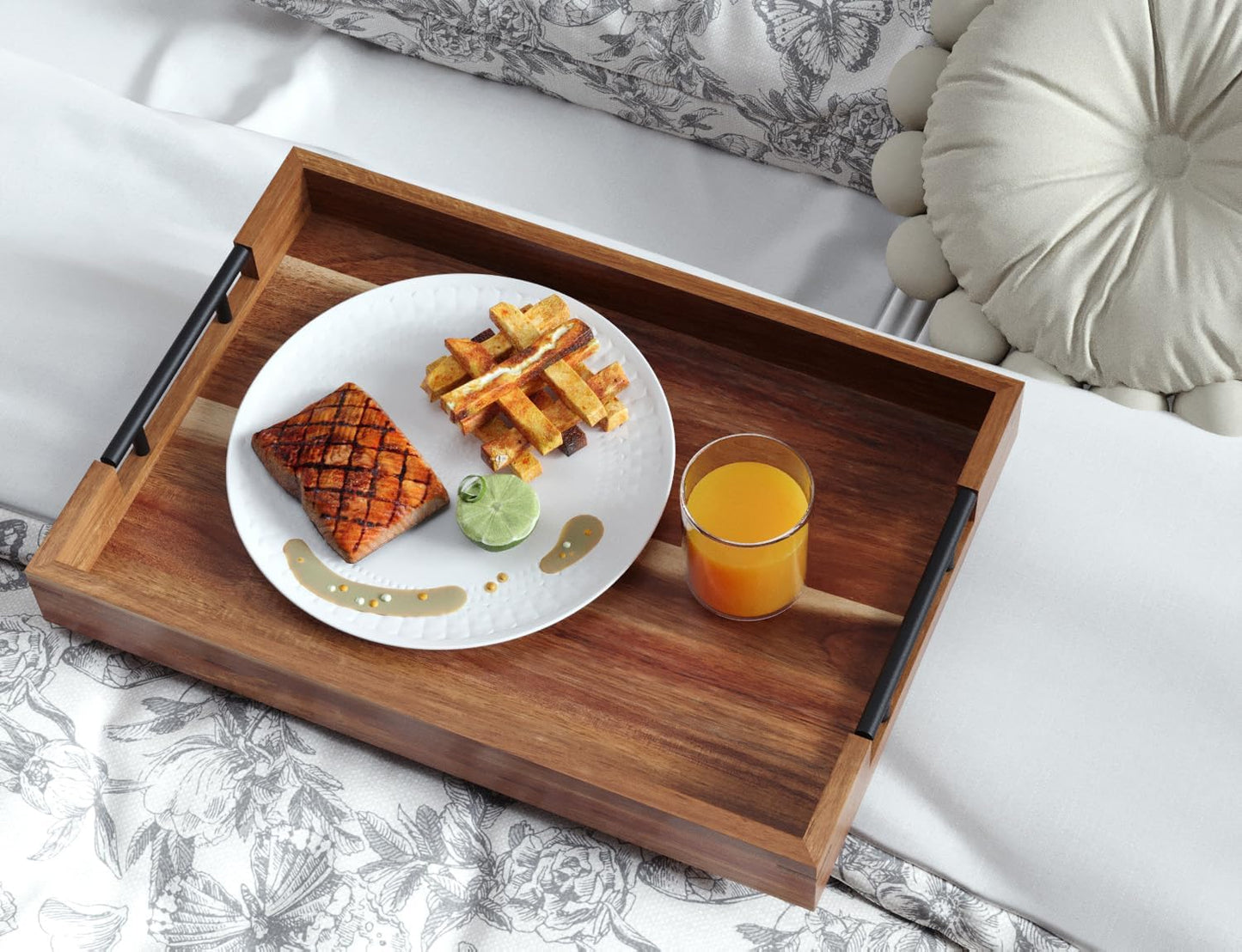 Acacia Wood Set of 2 Serving Tray with Metal Handles,Ottoman Decorative Trays Platter for Coffee Table,Living Room,Bar,Party