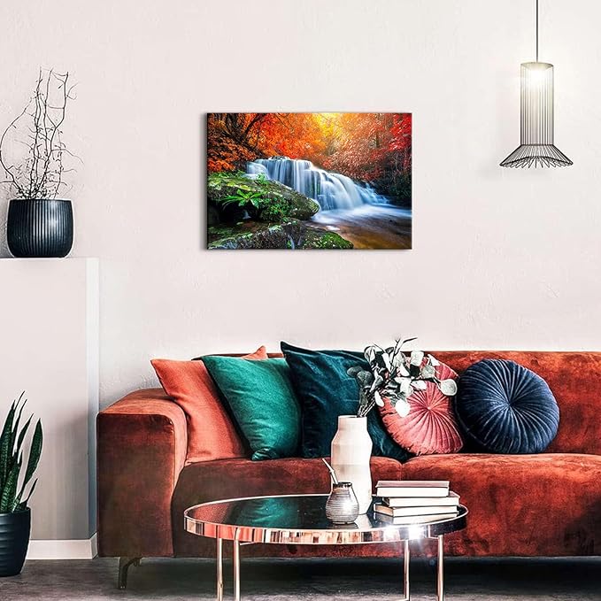 Nature Waterfall Wall Art Mountain Pictures Wall Decor Red Forest Trees Pictures Autumn Stream River Canvas Prints National Park Posters Natural Artwork for Bathroom Living Room Home Decoration 16x24"