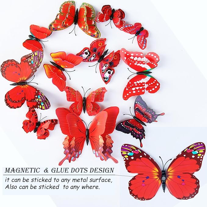 Butterfly Wall Decor 72 PCS, 3D Butterflies Stickers for Party Decorations with Magnets (Red, 72)