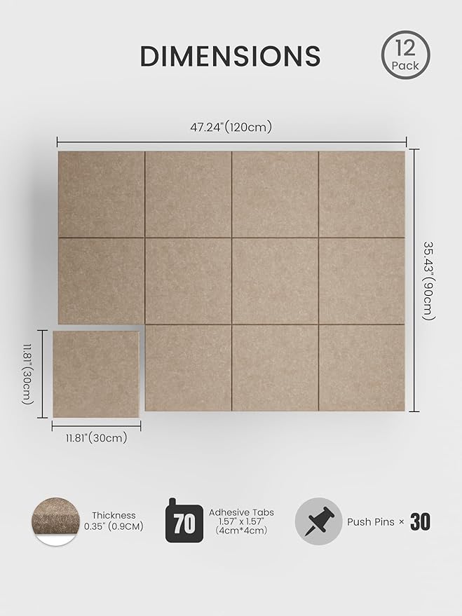 Bumusty Large Cork Board 48" x 36" Alternative - 12 Pack Felt Wall Tiles with 70 Safe Removable Adhesive Tabs, 30 Pushpins, Cork Boards for Walls Pin Board Bulletin Board Office Decor (Taupe)
