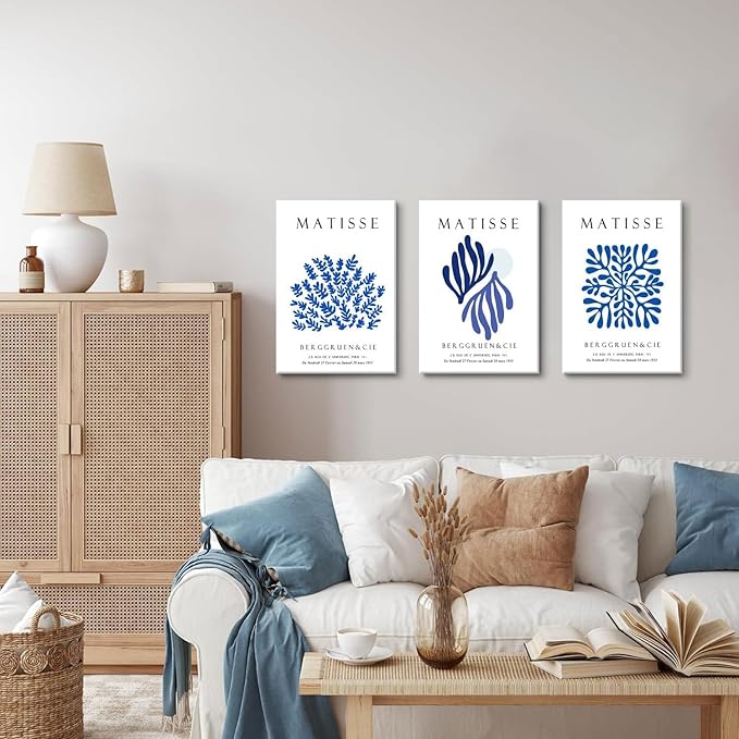 Djmwtb 3 Piece Canvas Wall Art Navy Blue Wall Decor Matisse Prints Abstract Paintings Pictures for Bedroom Bathroom Living Room Artwork 12x16in Framed