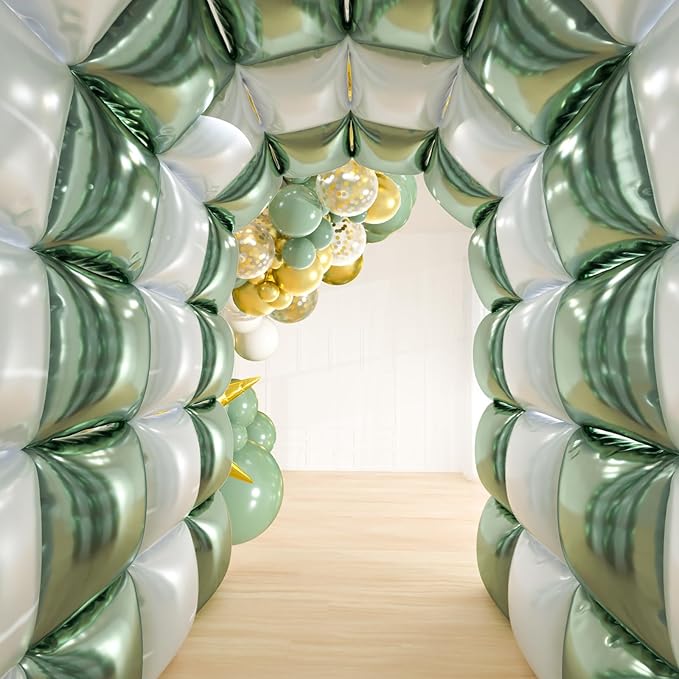 25pcs Green and White Foil Square Balloon Backdrop Wall &149pcs Sage Green Gold White Balloons Arch, Double Sided Balloon Tunnel with for Birthday Baby Shower Graduation Party Decor
