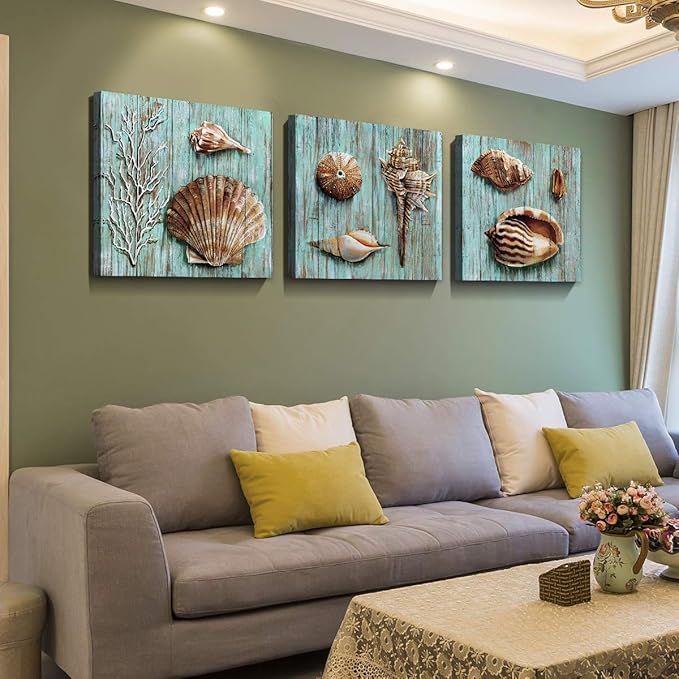 Teal Shells Wall Art Home Decor for Bathroom Shell Conch Framed Canvas Prints Cyan Sea Ocean Blue Plank Marine Life Coral Starfish Paintings Pictures Living Room Homes Decoration Set 4 Piece 24x24