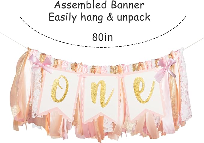 Pre - strung Pink Highchair Banner - 1st One Birthday Highchair Banner for Princess Girls ONE Baby Shower Room Party Decor