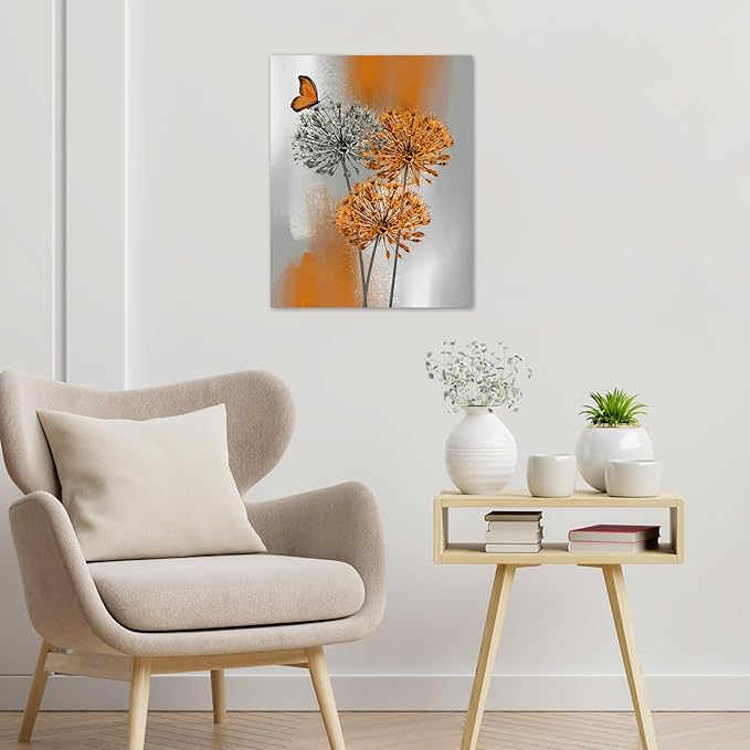 LB Orange Dandelion Wall Art Grey Floral with Butterfly on Vintage Background Canvas Wall Art Retro Abstract Wall Art Decor for Living Room Bedroom Bathroom Office Framed Ready to Hang 20L x 16W
