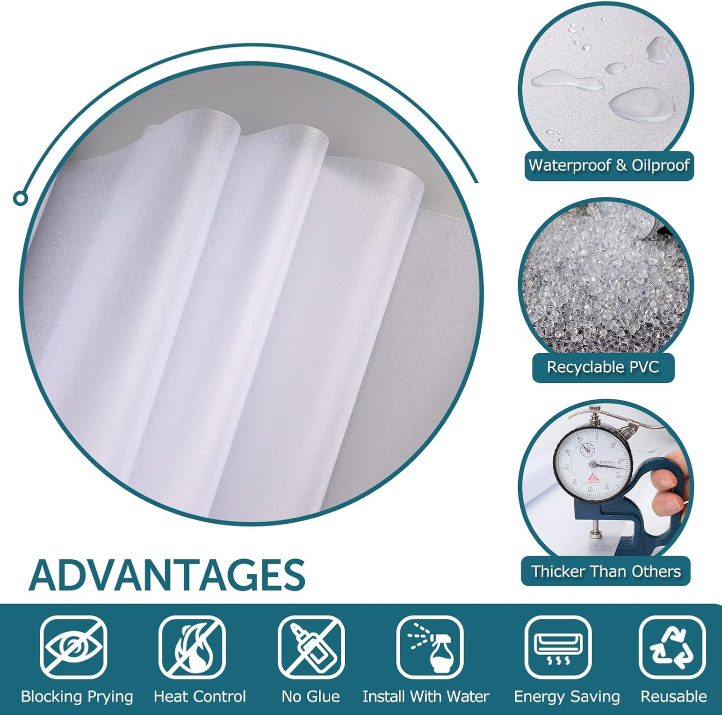 HIDBEA Frosted Window Privacy Film - Non Adhesive Static Cling Glass Stickers Sun UV Blocking Heat Control Door Covering Decals for Home Office, 55.1 x 393.7 Inch