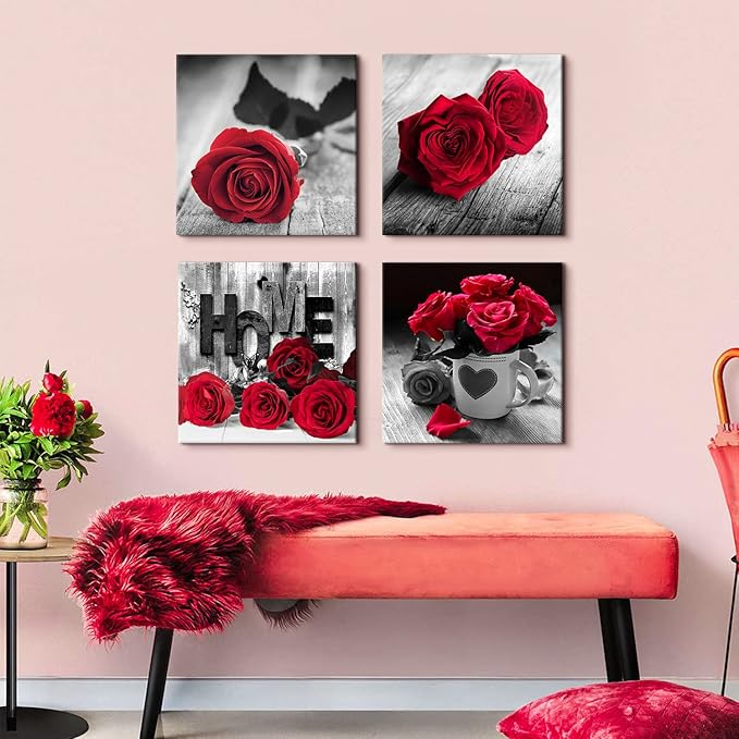 Rustic Rose Floral Canvas Wall Art Red Flower Pictures for Living Room Home Decorations Girls Bedroom Over Bed Wall Decor Retro Bouquet Paintings Posters Romantic Artwork 16x16” 4P Valentines Gifts