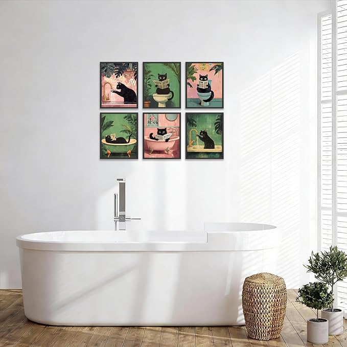KBKBART Funny Cat Bathroom Wall Art Prints Poster, Black Cat Pictures Bathroom Canvas Wall Decor Toilet Art Vintage Painting Artwork Set of 6 Unframed Posters, 8x10 inches