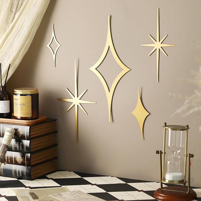 Yaocom 5 Pcs Gold Star Wall Decor Mid Century Modern Style Wall Decoration Metal Vintage Retro Art Decor Mcm Sculpture Elegance Accents Style Diamond Starbursts Hangings for Nursery Home Office Room
