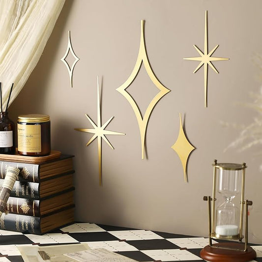 Yaocom 5 Pcs Gold Star Wall Decor Mid Century Modern Style Wall Decoration Metal Vintage Retro Art Decor Mcm Sculpture Elegance Accents Style Diamond Starbursts Hangings for Nursery Home Office Room