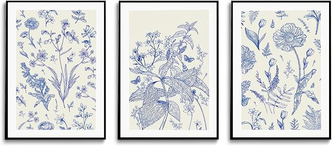 LYPHNX Blue White Chinoiserie Floral Poster Wall Art Navy Watercolor Flower Canva Painting Set of 3 Minimalist Botanical Wildflower Prints Picture Home Decor for Bedroom Living room 16"x24" UnFramed