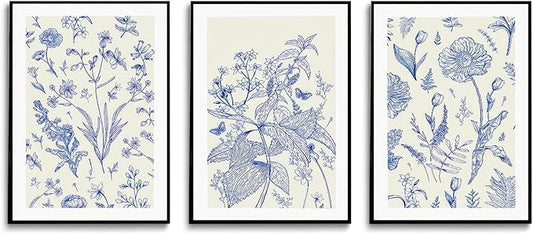 LYPHNX Blue White Chinoiserie Floral Poster Wall Art Navy Watercolor Flower Canva Painting Set of 3 Minimalist Botanical Wildflower Prints Picture Home Decor for Bedroom Living room 16"x24" UnFramed