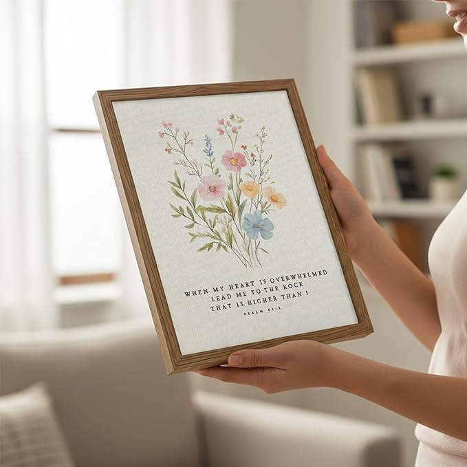 Christian Scripture Canvas Wall Art 8x10 Inch Psalm 61:2 Bible Verse Wall Decor, Boho Floral Religious Artwork for Prayer Room, Church, Office, Home, Wood Framed