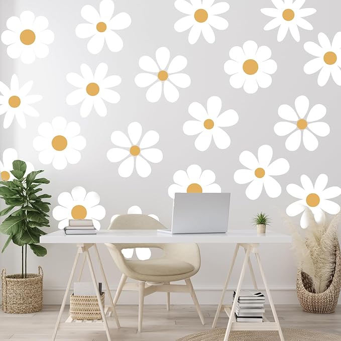 TaoBary 12 Sheet Daisy Wall Sticker Decal Removable Cute Daisy Bedroom Room Decor Flower Wall Sticker Pink White Flower Decal Wallpaper Peel and Stick for Nursery Home(White, Yellow,Novelty Style)