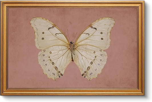 InSimSea Gold Framed Canvas Prints Wall Art, Vintage Bathroom Decor, Moody White Butterfly Paintings Farmhouse Large Wall Decor Aesthetic, Retro Pictures for Bedroom Living Room, 16x24inch