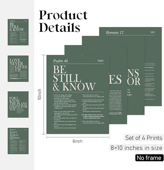 Locomiss Sage Green Christian Wall Art Decor, Modern Bible Verse Prints, Minimalist Jesus Scripture Wall Decor, Green Inspirational Bible Posters for Bedroom Office Living Room,Set of 4(8x10 Unframed)