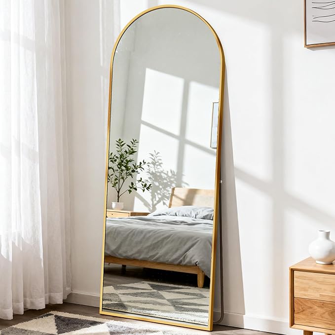 DUMOS Arched Full Length Mirror with Stand Floor Standing Aluminum Frame for Bedroom Body Hanging Leaning Modern Simple Home Decor Shatter-Proorf Nano Glass Wall Living Room Cloakroom Gold 59"x16"