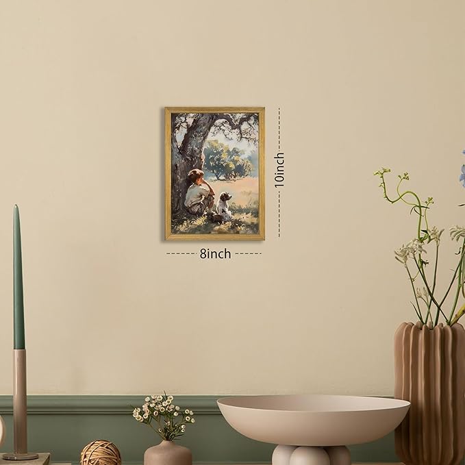 Wood Framed Canvas Wall Art, Vintage Boy and Dog Painting Poster, Countryside Pastoral Landscape Print Picture, Rustic Farmhouse Wall Decor for Living Room Bedroom Nursery 8x10 inch