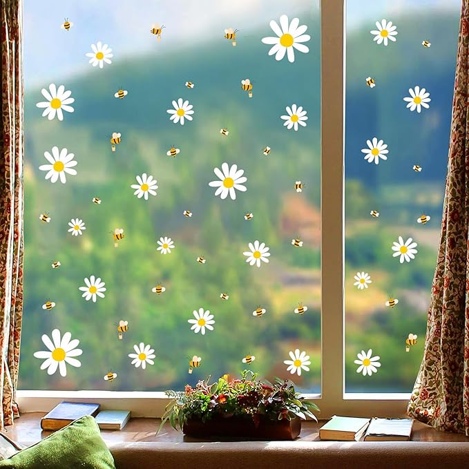 White Daisy and Bees Wall Stickers Easy to Peel and Stick Retro Flower Wall Decals for Girls Bedroom Nursery Living Room Office Floral Wall Decor