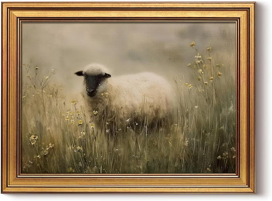 InSimSea Gold Framed Canvas Prints Wall Art, Vintage Moody Sheep Decor, Countryside Landscape Paintings Farmhouse Wall Decor Aesthetic, Antique Pictures for Bedroom Living Room Shelf, 12x16inch