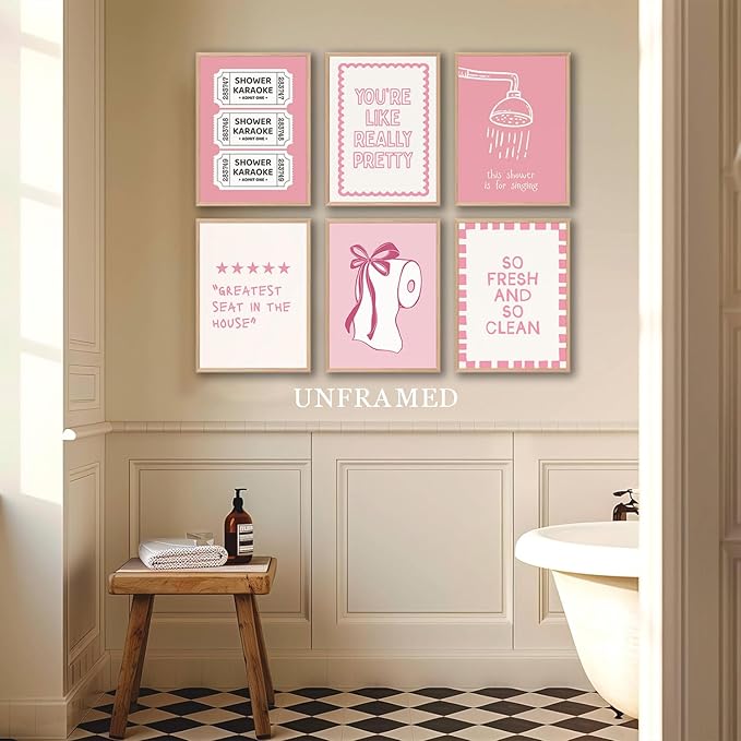 XBQZFLHT Coquette Pink Bathroom Wall Art Funny Shower Karaoke and Toilet Paper Bow Prints Wall Decor Cute Preppy Aesthetic Decor for Girls Washroom Dorm Restroom (8x10in Posters Unframed)