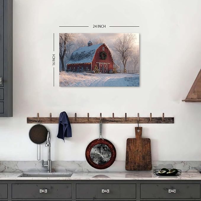 Christmas Farmhouse Canvas Wall Art Red Barn Poster Rustic Snow Country Pictures Wall Decor Winter Scenic Painting Artwork Christmas Tree Prints Picture for Kitchen Dining Room Home Decorations 16x24"
