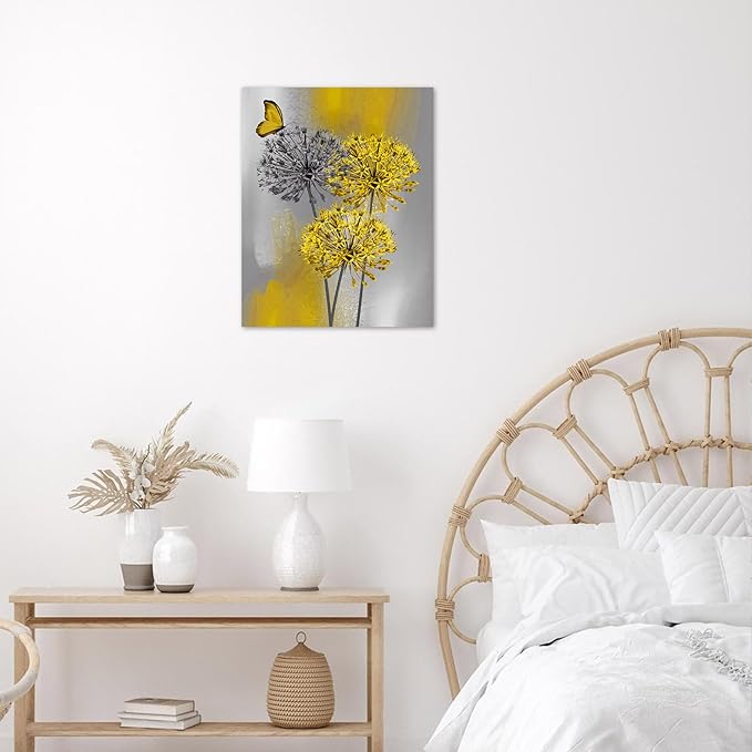 LB Yellow Dandelion Canvas Wall Art Yellow Grey Dandelion with Butterfly on Modern Abstract Wall Art Aesthetic Wall Decor for Living Room Bedroom Bathroom Office Framed Ready to Hang 20L x 16W