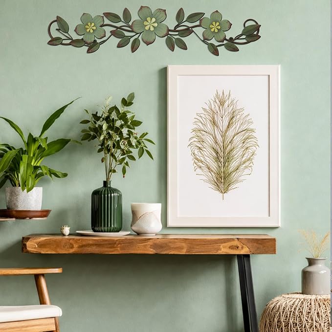 Wesiti Metal Flower Wall Decor Vintage Spring Metal Flower Wrought Iron Scroll Sculpture 15.7''x3.7'' Farmhouse Leaf Wall Decor with Nails for Spring Living Room Bedroom Indoor Outdoor(Green)