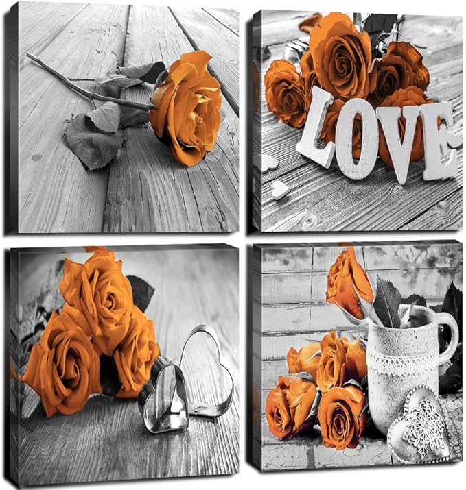 Burnt Orange Wall Art Retro Orange Flower Wall Decor for Bedroom Bathroom Rose Love Sign Canvas Print Pictures Romantic Floral Painting Modern Artwork Wood Grain Background Home Decoration 16x16” 4Pcs