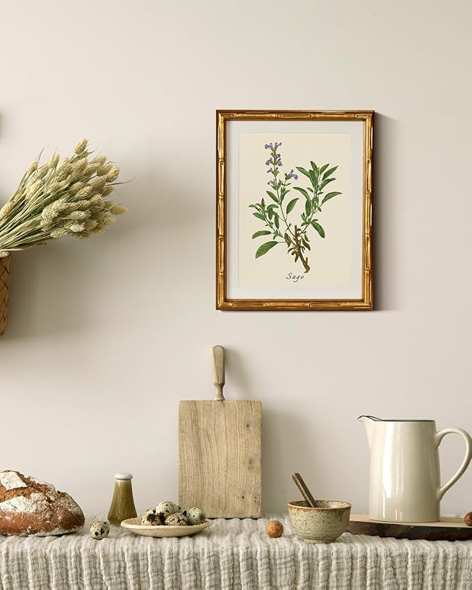 InSimSea Gold Bamboo Framed Canvas Wall Art, Vintage Watercolor Sage Herbs Prints, Antique Picture Frame with Mat, Victorian Home Wall Decor for Kitchen Dining Living Room Bedroom, 11x14inch