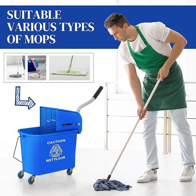 HOMCOM Commercial Mop Bucket with Side Press Wringer on Wheels for Floor Cleaning, 21 Quart, Separate Dirty and Clean Water, for Home Apartment Small Business and Office, Blue