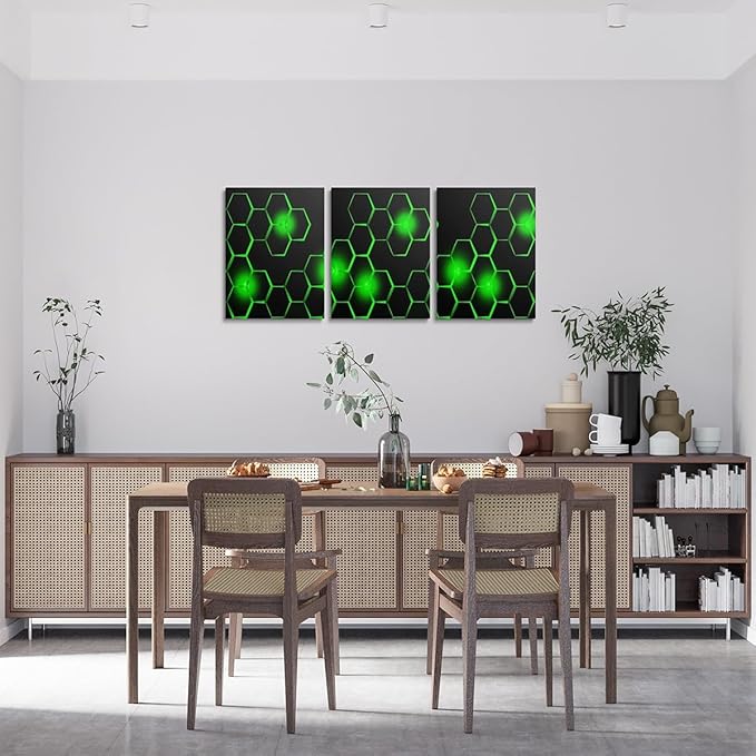 Feelyou Kids Honeycomb Canvas Wall Art 3 Piece 12" x 16" Ice Sports Games Picture Decor Geometrical Office Decorations Artwork Posters Beehive Geometric Black Green Painting