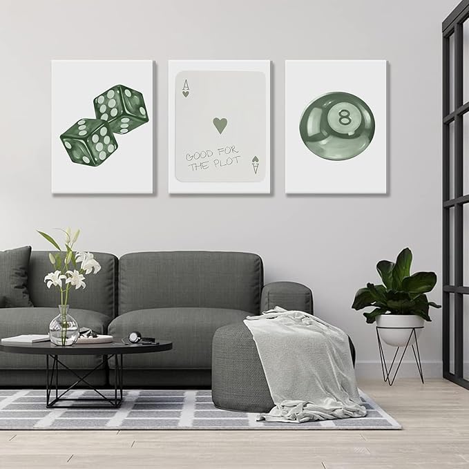 BOKPEN Green Poker Dice Canvas Wall Art Funky Y2K Trendy Preppy Pictures Lucky 8 Ball Poster Sage Prints Artwork Painting for Game Room Apartment Dorm Aesthetic Decoration 16x24in canvas